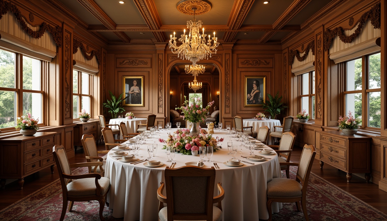 Prompt: Traditional dining room, wooden furniture, ornate carvings, rich fabrics, luxurious velvet, elegant chandeliers, formal table settings, refined chair designs, intricate patterns, classic color palette, warm beige tones, soft golden lighting, shallow depth of field, 1/1 composition, realistic textures, ambient occlusion.