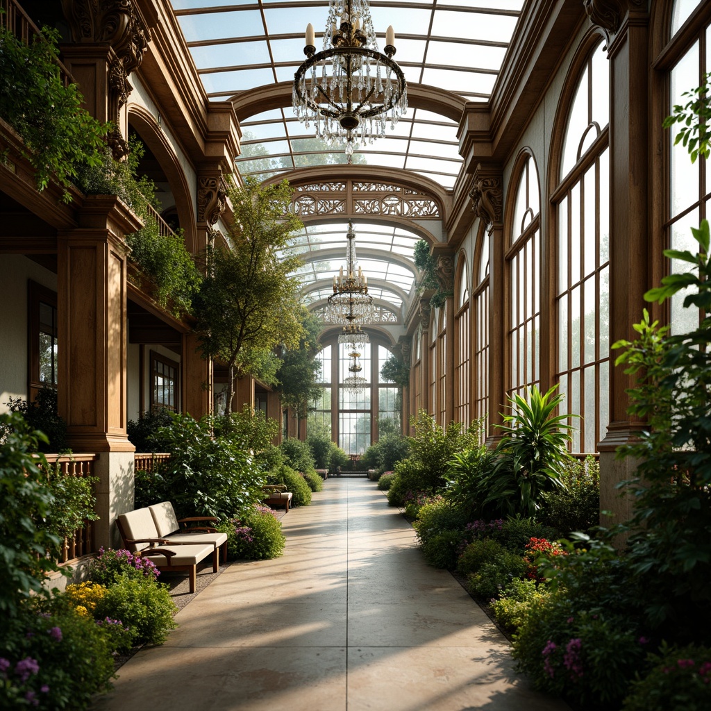 Prompt: \Luxuriant greenhouse, intricately carved wooden frames, ornate metalwork, lush green foliage, vibrant flowers, tropical plants, grand chandeliers, crystal droplets, soft warm lighting, shallow depth of field, 3/4 composition, panoramic view, realistic textures, ambient occlusion, Baroque-inspired architectural details, curved lines, ornate moldings, gilded accents, marble floors, rustic stone walls, trellised walkways, fragrant scents, misty atmosphere, natural materials, earthy tones.\