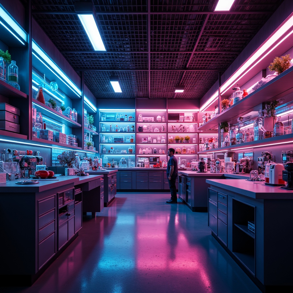 Prompt: Vibrant laboratory interior, futuristic equipment, neon-lit shelves, glowing chemical tubes, sleek metal workstations, high-gloss flooring, dramatic spotlights, soft ambient illumination, warm color temperature, low-key shadows, cinematic composition, 1/1 framing, realistic renderings, subtle depth of field.