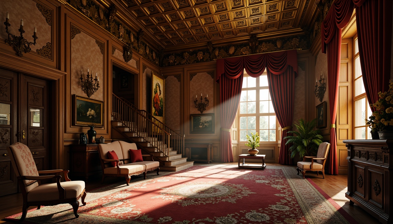 Prompt: Ornate Victorian mansion, richly textured walls, intricate moldings, decorative cornices, grand staircase, lavish furnishings, heavy drapery, ornamental fabrics, warm golden lighting, dramatic shadows, high ceilings, patterned rugs, antique furniture pieces, carved wooden panels, stately rooms, luxurious atmosphere, cinematic composition, shallow depth of field, 2/3 perspective view.