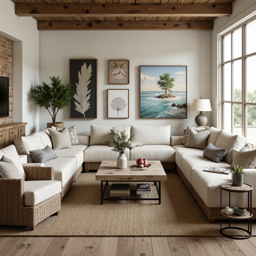 Prompt: Driftwood accents, natural woven fibers, ocean-inspired hues, distressed wood finishes, plush sectional sofas, linen-upholstered armchairs, nautical rope details, glass-topped coffee tables, weathered metal frames, sea-salt scented candles, woven jute rugs, bleached wood side tables, coral-patterned throw pillows, shell-adorned decorative accents, beachy vintage signs, soft warm lighting, shallow depth of field, 1/2 composition, panoramic view, realistic textures, ambient occlusion.