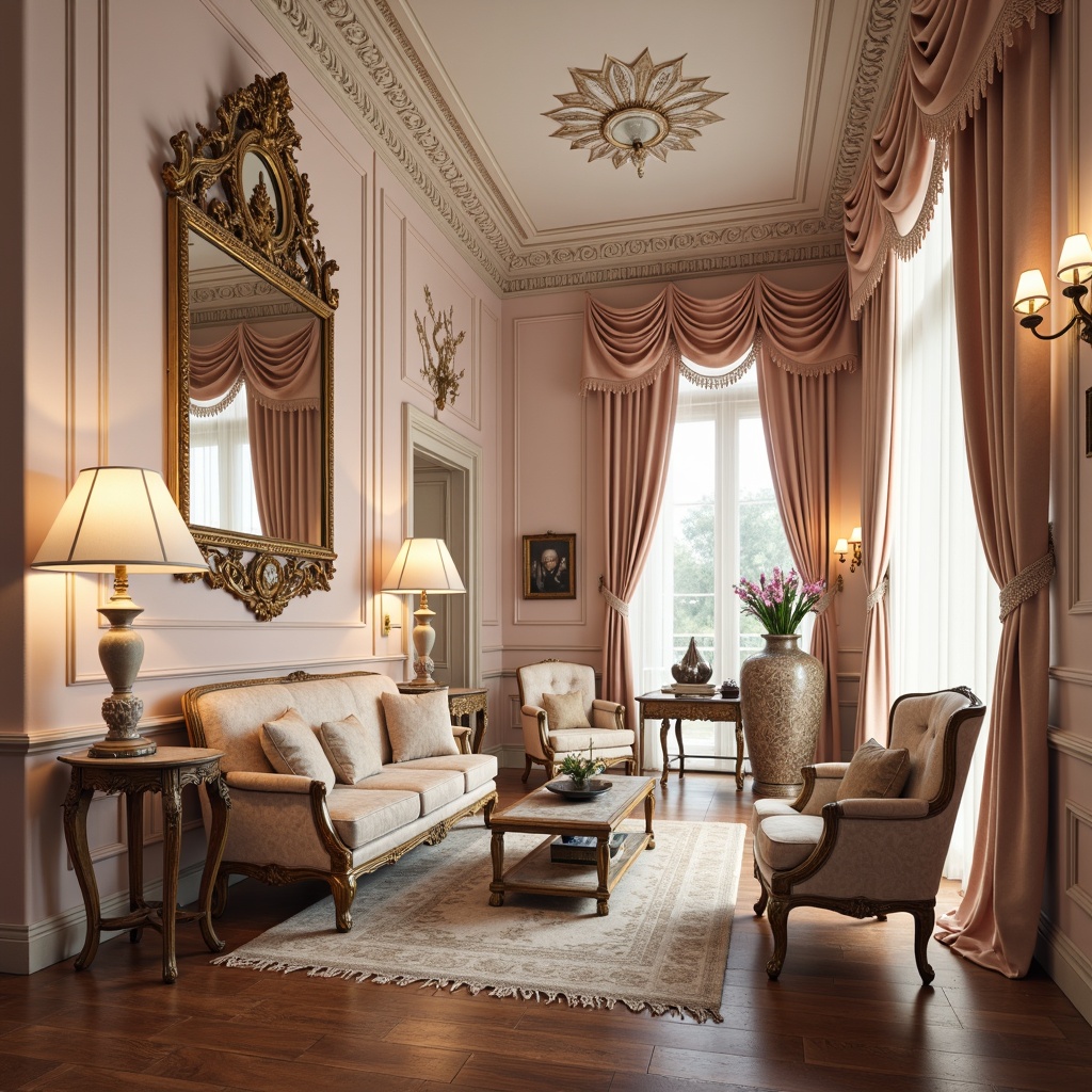 Prompt: Rococo-style interior, soft pastel hues, pale pink walls, creamy white accents, gold leaf ornate mirrors, intricately carved wooden furniture, velvet upholstery, rich brocade fabrics, delicate lace trims, opulent crystal chandeliers, ornate plaster ceilings, luxurious silk drapes, warm candlelight, intimate atmosphere, subtle texture contrasts, 1/1 composition, shallow depth of field, soft focus effect.