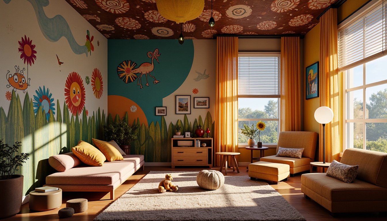 Prompt: Whimsical kids' room, expressionist art style, vibrant color palette, soft warm lighting, cozy reading nook, playful decorative fixtures, imaginative wall murals, fantastical creatures, bold brushstroke patterns, textured fabric wallpaper, plush area rugs, oversized stuffed animals, modern minimalist furniture, sleek metallic accents, dramatic floor lamps, whimsical table lamps, futuristic LED lights, dreamy ambiance, shallow depth of field, 1/1 composition, realistic textures, ambient occlusion.