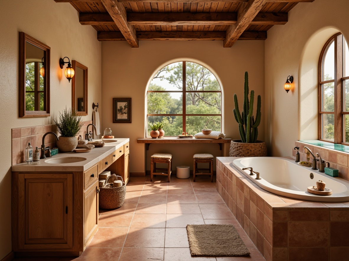 Prompt: Southwestern bathroom, earthy tones, terracotta flooring, adobe-style walls, wooden accents, wrought iron fixtures, bronze faucets, desert-inspired tilework, turquoise glass accents, natural stone countertops, woven baskets, pendant lighting, warm beige colors, rustic wood cabinets, Spanish-inspired arches, clay pottery decorations, soft warm lighting, shallow depth of field, 3/4 composition, realistic textures, ambient occlusion.