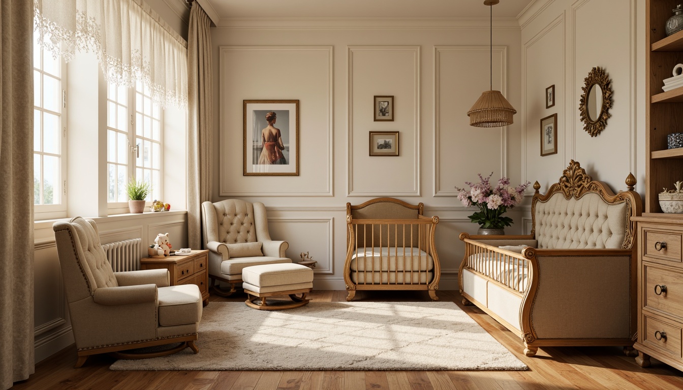 Prompt: Elegant baby room, Renaissance-inspired furniture, ornate wooden cribs, intricately carved rocking chairs, plush velvet upholstery, golden hardware accents, soft cream-colored walls, warm beige flooring, delicate lace curtains, vintage-inspired baby toys, antique-style decorative frames, richly textured area rugs, cozy reading nook, warm task lighting, 1/2 composition, shallow depth of field, soft focus effect.