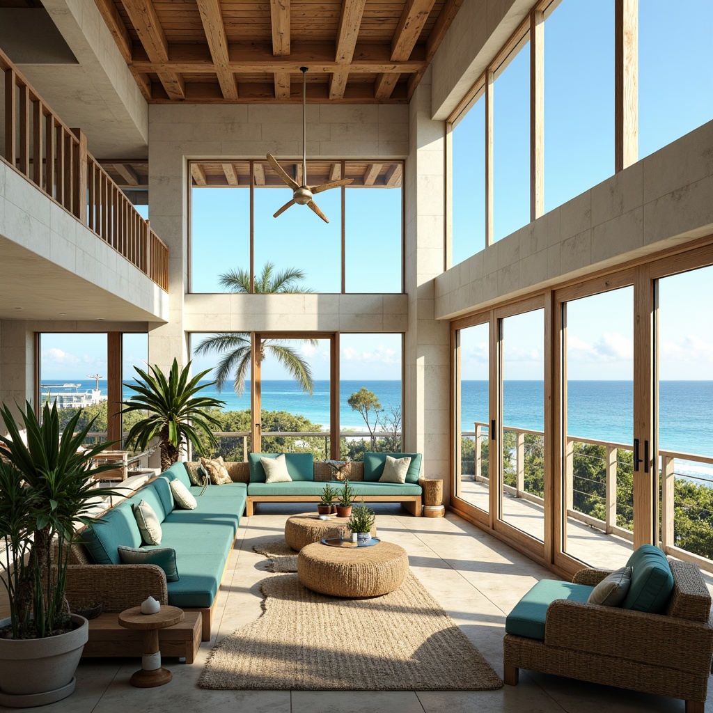 Prompt: Beachside youth center, ocean views, floor-to-ceiling windows, natural light-filled interiors, reclaimed wood accents, driftwood-inspired furniture, soft blue and green color palette, woven textiles, nautical-themed decorations, potted plants, sea-salt air, warm sunny day, shallow depth of field, 3/4 composition, panoramic view, realistic textures, ambient occlusion.