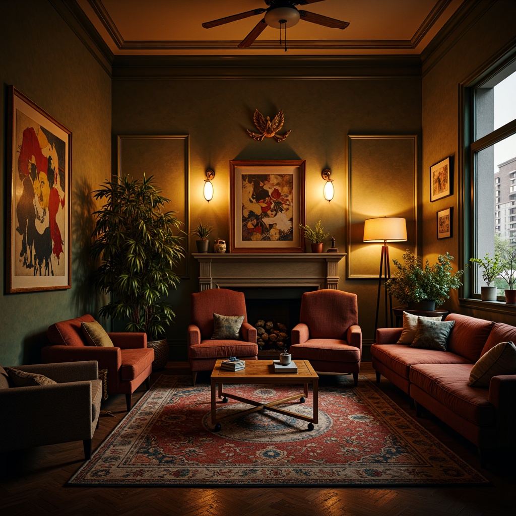 Prompt: Moody apartment interior, warm golden lighting, rich textures, ornate furniture, vintage decorative objects, eclectic art pieces, bold color schemes, abstract geometric patterns, dramatic shadows, mysterious ambiance, cinematic composition, low-key lighting, atmospheric fog, film noir inspiration, expressionist brushstrokes, avant-garde atmosphere.