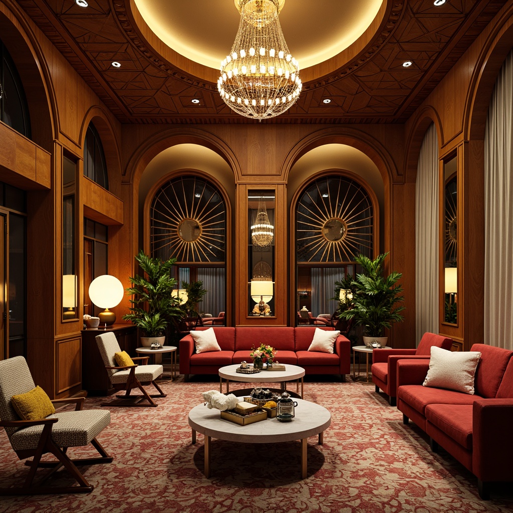 Prompt: Luxurious Art Deco interior, ornate geometric patterns, metallic accents, velvet upholstery, curved lines, elegant shapes, rich wood tones, polished chrome legs, tufted sofas, geometric coffee tables, sculptural armchairs, intricate metalwork, beveled mirrors, sunburst motifs, luxurious fabrics, jewel-toned colors, opulent lighting fixtures, dramatic drapery, lavish accessories, glamorous ambiance, warm golden lighting, shallow depth of field, 1/1 composition, realistic textures, ambient occlusion.