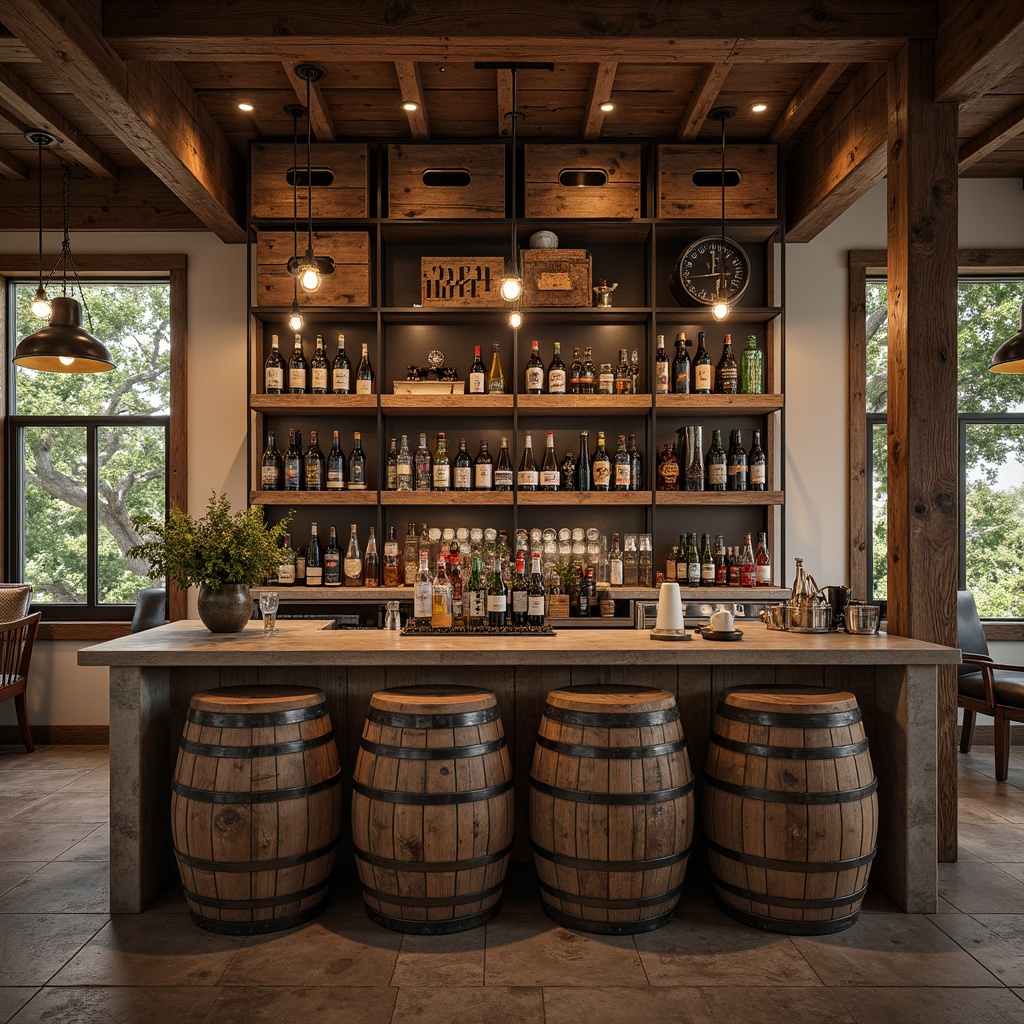 Prompt: Rustic home bar, reclaimed wood shelves, industrial metal frames, wooden crates, vintage beer barrels, distressed finishes, earthy tones, pendant lighting, natural stone countertops, rough-hewn wooden beams, cozy atmosphere, warm ambient lighting, shallow depth of field, 1/2 composition, realistic textures, ambient occlusion.