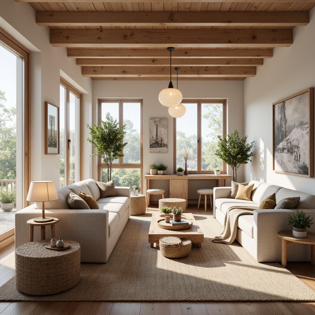 Prompt: Cozy Scandinavian living room, warm wooden accents, soft pastel colors, minimal decor, floor-to-ceiling windows, natural daylight, warm white LED lighting, table lamps, pendant lights, minimalist chandeliers, frosted glass shades, linen-textured fabrics, rustic wood furniture, woven baskets, earthy tones, subtle Nordic patterns, ambient indirect lighting, layered lighting effects, soft diffused shadows, 1/1 composition, atmospheric mood, realistic textures.