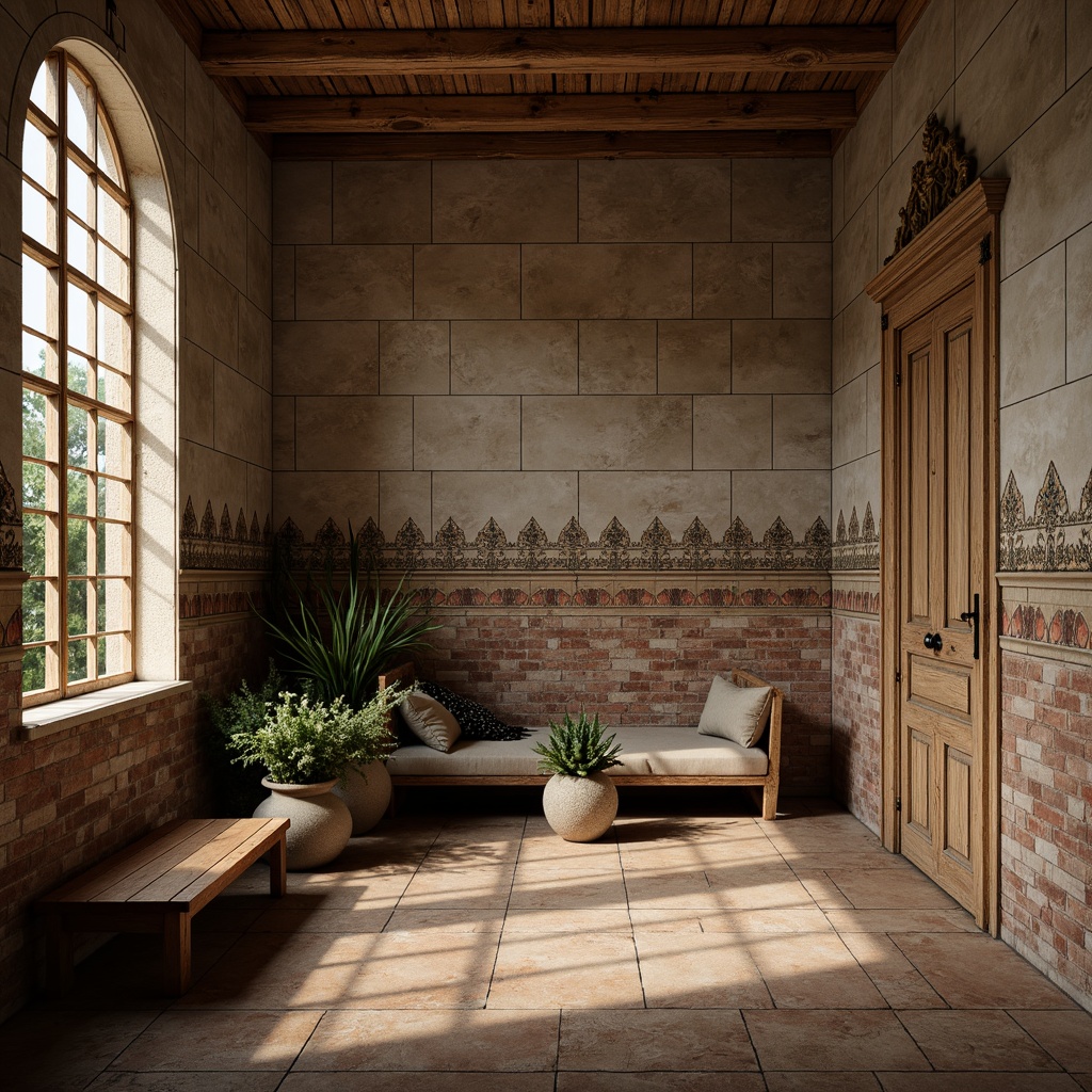 Prompt: Rustic traditional walls, distressed stonework, weathered brick facades, ornate wooden paneling, vintage tile patterns, earthy color palette, natural stone carvings, intricate moldings, classical architectural details, ambient warm lighting, soft focus effect, shallow depth of field, 2/3 composition, realistic textures, subtle normal mapping.