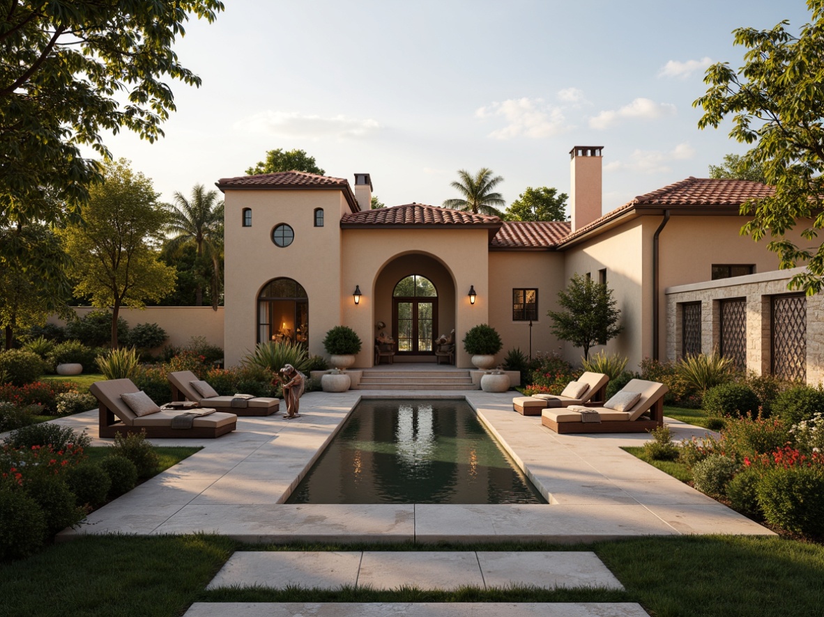 Prompt: Luxurious villa, Mediterranean-style architecture, warm beige stucco walls, terracotta roof tiles, lush greenery, blooming flowers, tranquil water features, natural stone pathways, elegant archways, ornate iron gates, sophisticated color palette, earthy tones, warm neutrals, soft pastels, rich jewel-tones, golden hour lighting, dramatic shadows, 1/1 composition, intimate atmosphere, cozy ambiance, inviting outdoor spaces.