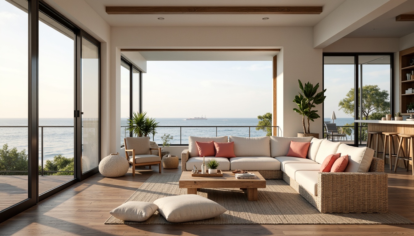 Prompt: Coastal living room, large windows, sliding glass doors, ocean views, natural light pouring in, soft warm glow, beachy vibes, driftwood accents, woven textiles, linen upholstery, whitewashed walls, rustic wooden floors, coral-inspired colors, nautical decorative items, potted plants, sea-salt scented candles, airy atmosphere, shallow depth of field, 1/1 composition, realistic textures, ambient occlusion.