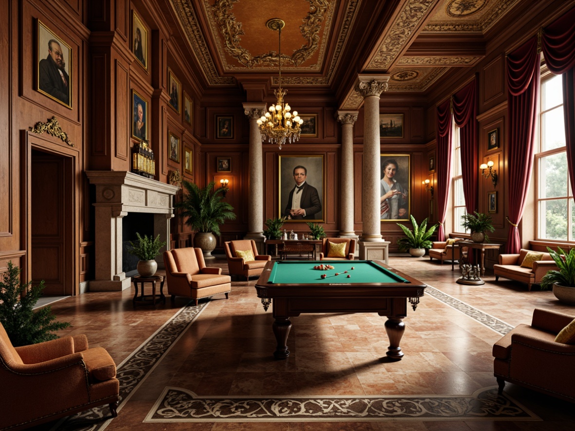 Prompt: Luxurious game room, rich wood paneling, ornate carvings, intricate moldings, velvet drapes, gilded frames, marble flooring, neoclassical columns, imposing stone fireplaces, lavish chandeliers, warm golden lighting, shallow depth of field, 1/1 composition, realistic textures, ambient occlusion, subtle shadow effects, indulgent atmosphere, vintage furniture pieces, leather-bound tomes, antique artifacts, mysterious ancient relics.