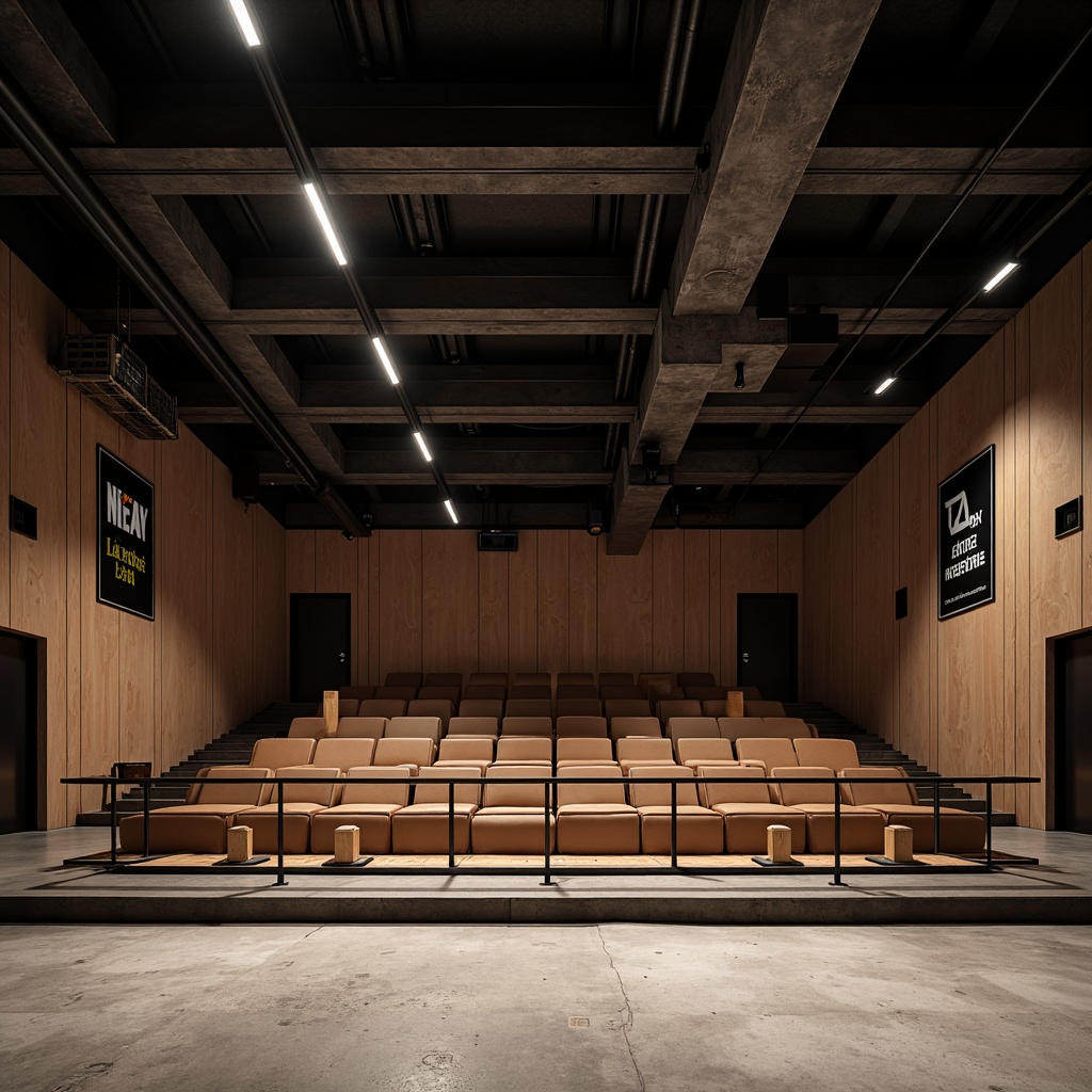 Prompt: Minimalist theater interior, Bauhaus-inspired seating arrangement, rectangular wooden benches, leather cushions, steel tube frames, geometric patterns, industrial lighting fixtures, exposed ductwork, concrete floors, functional simplicity, open floor plan, audience visibility, intimate performance space, dramatic spotlights, high-contrast color scheme, bold typography, avant-garde atmosphere, modernist architecture, urban loft aesthetic, distressed finishes, edgy textures.