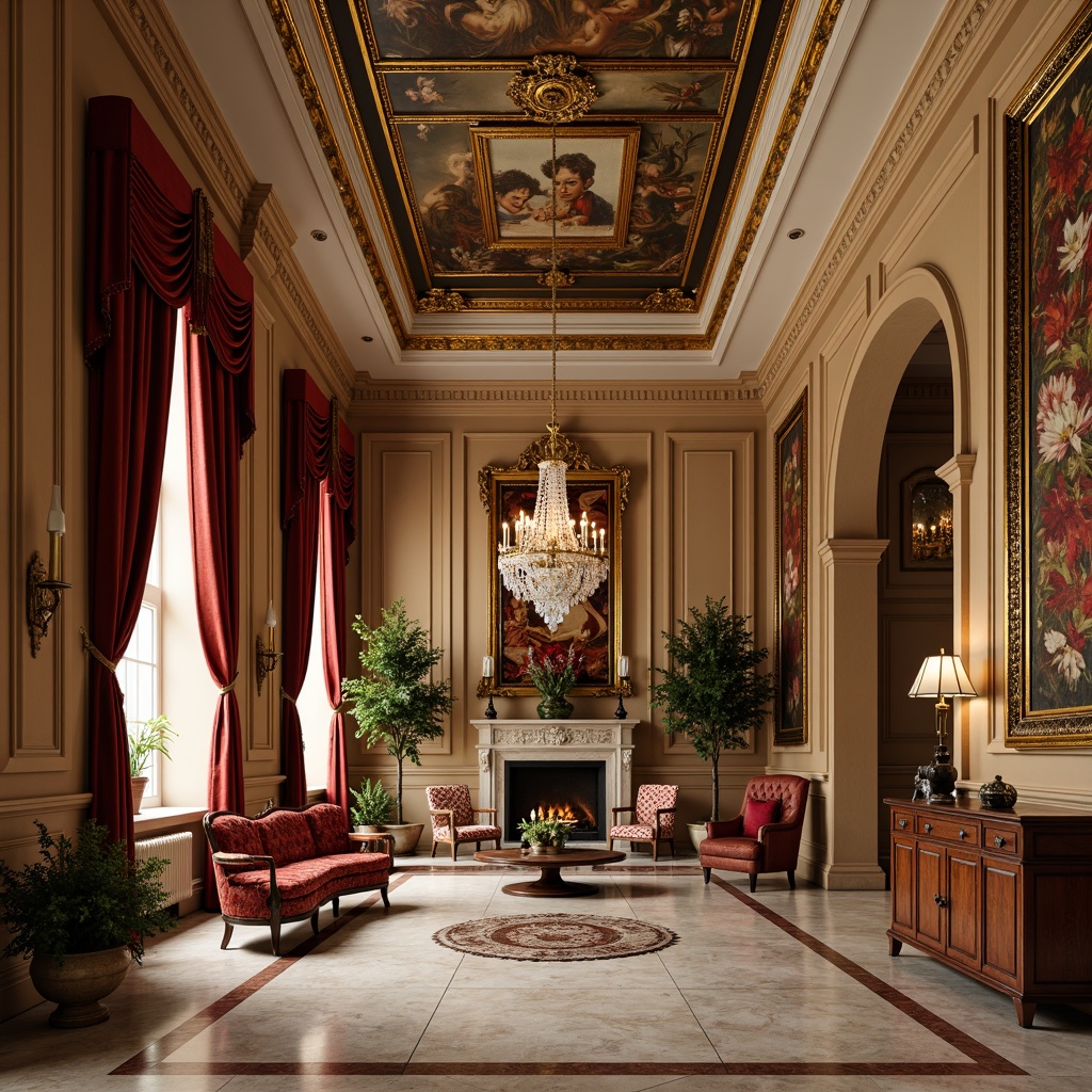 Prompt: Rich velvet fabrics, ornate golden frames, luxurious marble floors, lavish crystal chandeliers, intricate fresco ceilings, warm beige walls, soft cream-colored molding, antique furniture pieces, carved wooden panels, rustic stone fireplaces, grandiose archways, opulent drapery, jewel-toned tapestries, subtle sfumato lighting, 1/2 composition, atmospheric perspective, realistic textures, detailed brushstrokes.