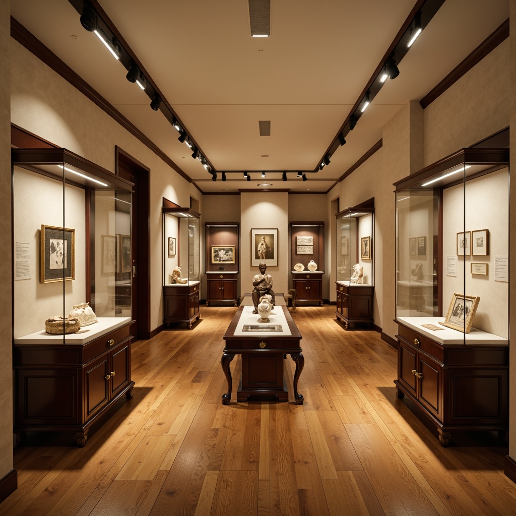 Prompt: Elegant museum interior, polished wooden floors, cream-colored walls, sophisticated track lighting, freestanding display cases, glass shelves, velvet-covered pedestals, artifacts under softbox lighting, ancient relics, historical documents, vintage photographs, ornate picture frames, intricately carved wooden cabinets, bronze hardware, warm beige tones, subtle gradient backgrounds, shallow depth of field, 1/2 composition, realistic textures, ambient occlusion.