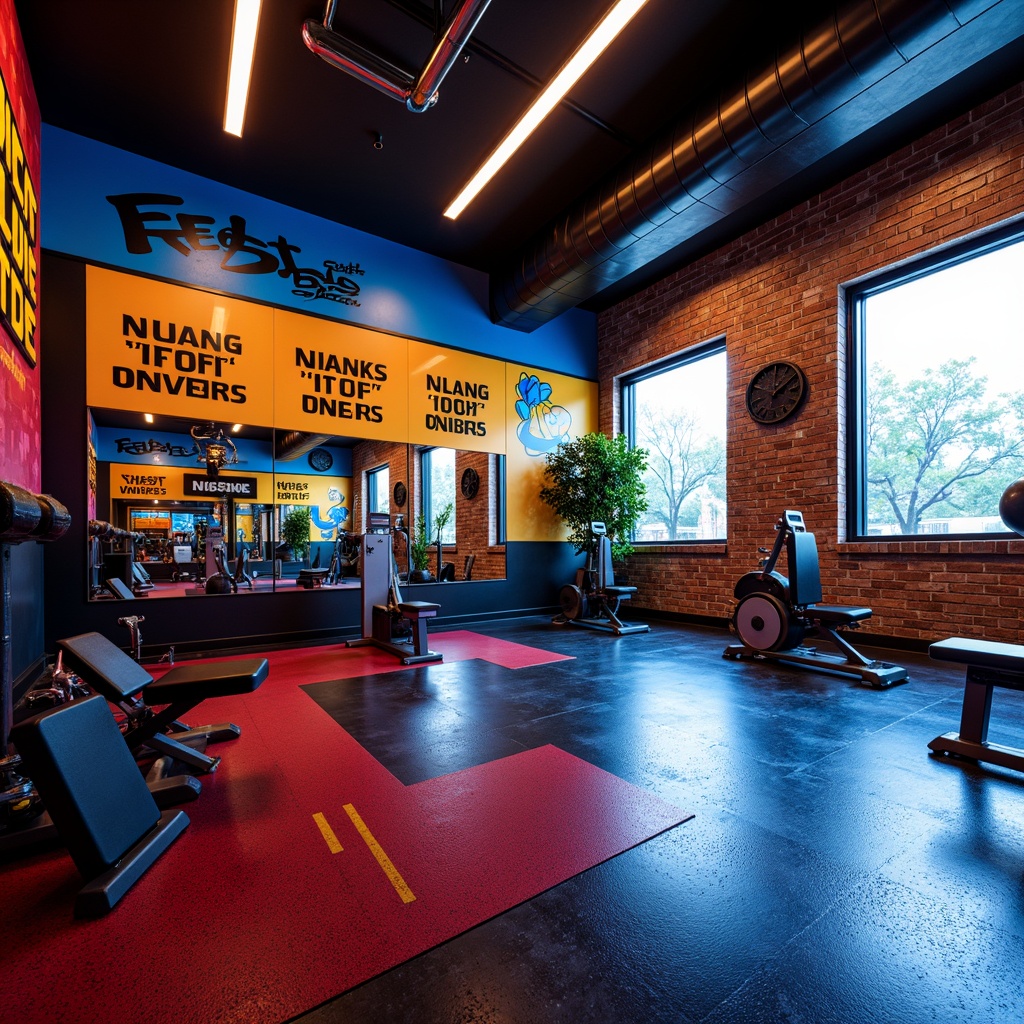 Prompt: Vibrant home gym, energetic atmosphere, bold color scheme, deep blues, fiery reds, electric yellows, metallic silvers, high-gloss finishes, motivational quotes, neon-lit mirrors, sleek modern equipment, rubber flooring, industrial-chic decor, reclaimed wood accents, urban loft-style windows, natural light pouring in, dynamic shadows, 1/1 composition, low-key lighting, dramatic contrast.