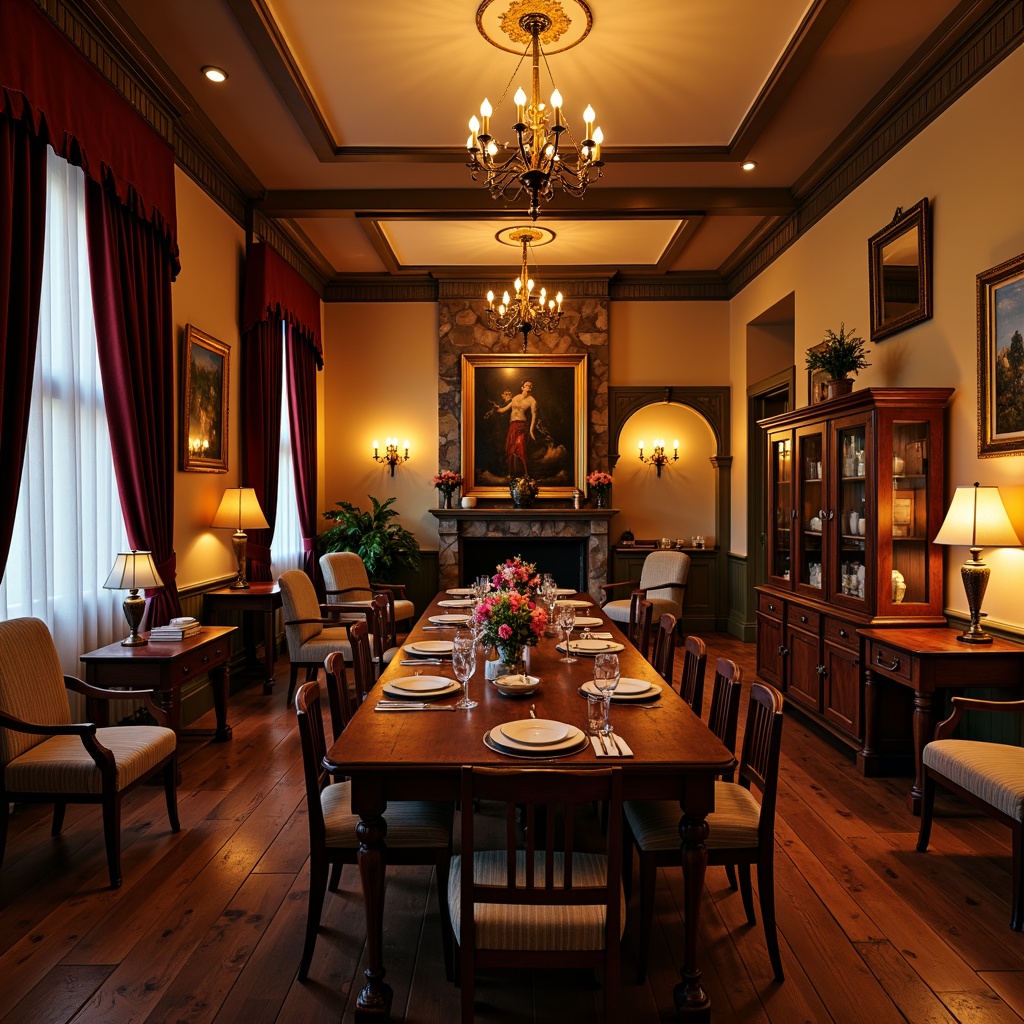 Prompt: Traditional dining room, warm wooden furniture, ornate chandeliers, soft warm lighting, table lamps, floor lamps, candlelight, rich fabrics, velvet drapes, classic artwork, golden frames, elegant vases, fine china cabinets, hardwood floors, natural stone walls, cozy atmosphere, intimate gathering space, subtle shadows, gentle highlights, 1/1 composition, shallow depth of field, realistic textures, ambient occlusion.