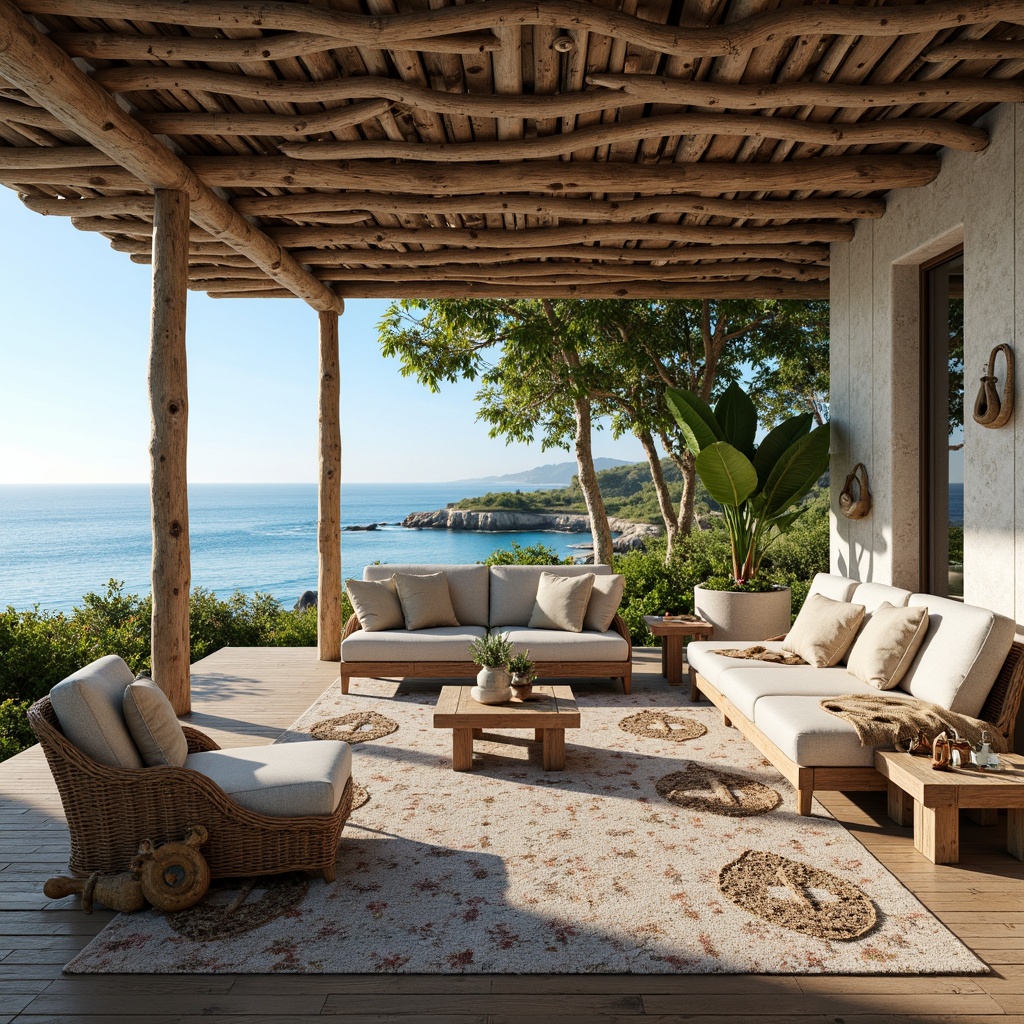 Prompt: Seaside villa, driftwood accents, ocean-inspired color palette, soothing blue hues, natural textures, woven rattan furniture, coral-patterned rugs, nautical rope details, vintage anchors, distressed wood finishes, beachy vibe, sunny day, warm soft lighting, shallow depth of field, 1/1 composition, realistic water effects, ambient occlusion.