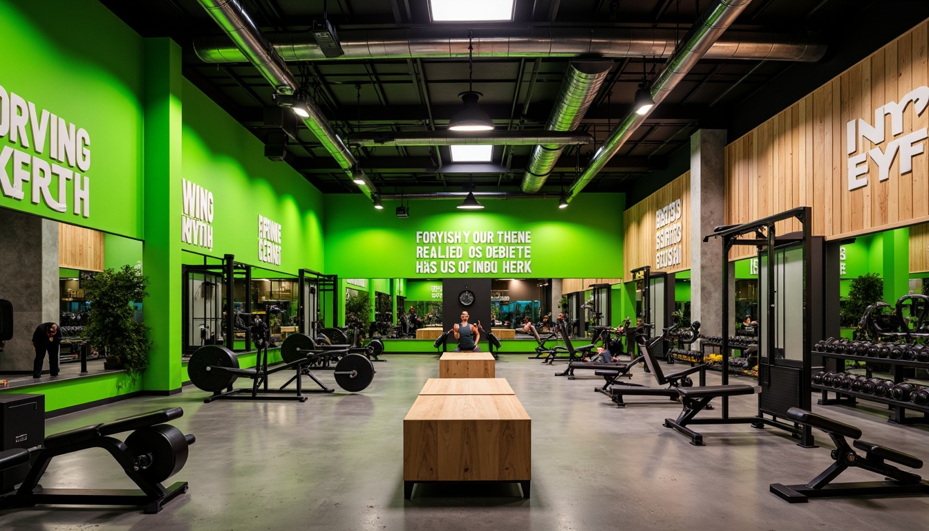 Prompt: Vibrant home gym, bold industrial style, metallic accents, neon green walls, polished concrete floors, sleek modern equipment, motivational quotes, urban loft ambiance, overhead lighting, warm color scheme, energetic atmosphere, dynamic shadows, realistic textures, shallow depth of field, 3/4 composition, panoramic view.