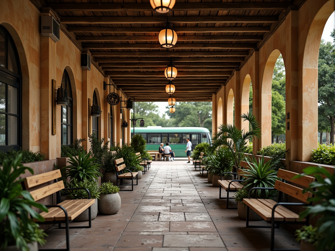 Prompt: Rustic bus station, vernacular style seating area, wooden benches, wrought iron frames, vintage lanterns, natural stone flooring, earthy color palette, lush greenery, potted plants, overhead canopies, warm ambient lighting, shallow depth of field, 1/2 composition, realistic textures, ambient occlusion, cozy atmosphere, comfortable waiting space.