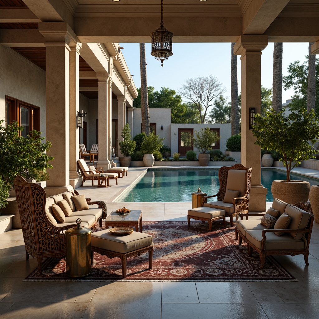 Prompt: Luxurious poolside, ornate furniture, carved wooden armchairs, velvet cushions, golden accents, marble tables, intricately patterned rugs, ornamental vases, lush greenery, natural stone flooring, elegant lanterns, soft warm lighting, serene water features, Roman-inspired columns, symmetrical composition, grandiose architecture, refined textures, realistic reflections.