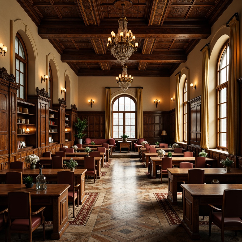 Prompt: Renaissance-style school interior, ornate wooden furniture, intricately carved desks, luxurious velvet upholstery, richly toned leather accents, grandiose chandeliers, opulent marble floors, stately columns, arched windows, lavish drapery, warm golden lighting, soft focus, 1/2 composition, intimate atmosphere, realistic textures, subtle ambient occlusion.