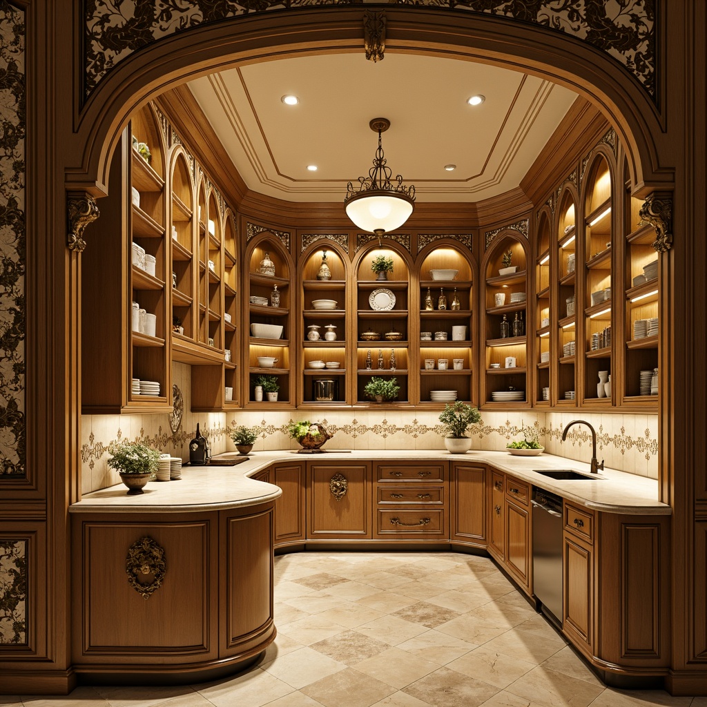 Prompt: Ornate pantry, gilded accents, soft golden lighting, lavish cabinetry, intricately carved wood, ornamental metalwork, velvet-smooth countertops, richly patterned wallpapers, distressed finishes, antique hardware, opulent chandeliers, delicate ceramic tiles, exquisite marble inlays, French-inspired furniture, curved silhouettes, grandiose proportions, warm beige tones, subtle sheen, 1/1 composition, shallow depth of field, cinematic lighting.