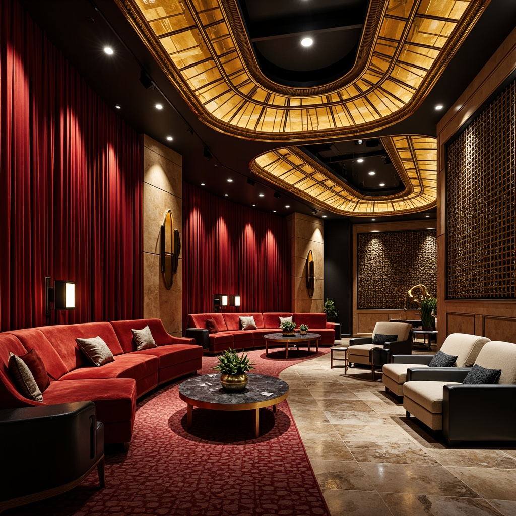 Prompt: Luxurious cinema interior, ornate golden decorations, velvety red curtains, plush velvet seats, curved geometric shapes, metallic chrome accents, lavish chandeliers, intricate patterns, exotic wood veneers, luxurious marble floors, bold black and white color scheme, art deco inspired furniture, curved sofas, ornate coffee tables, sculptural armchairs, sophisticated ambient lighting, warm golden glow, shallow depth of field, 1/1 composition, cinematic perspective, dramatic shadows, realistic textures.