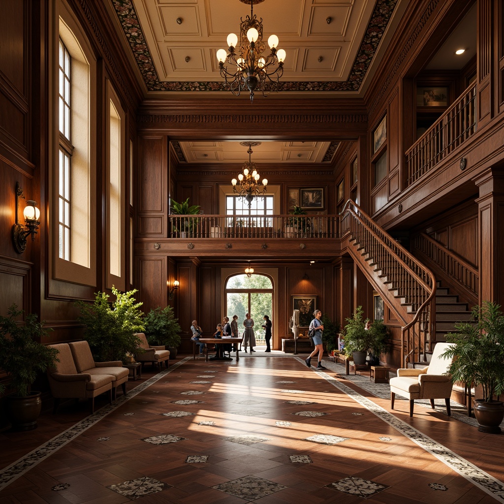 Prompt: \Ornate community center, Victorian-era inspired architecture, rich wood flooring, dark-stained walnut panels, intricate parquet patterns, polished marble surfaces, ornamental tile work, grand staircase, lavish chandeliers, warm golden lighting, soft focus, 1/1 composition, shallow depth of field, realistic textures, ambient occlusion.\