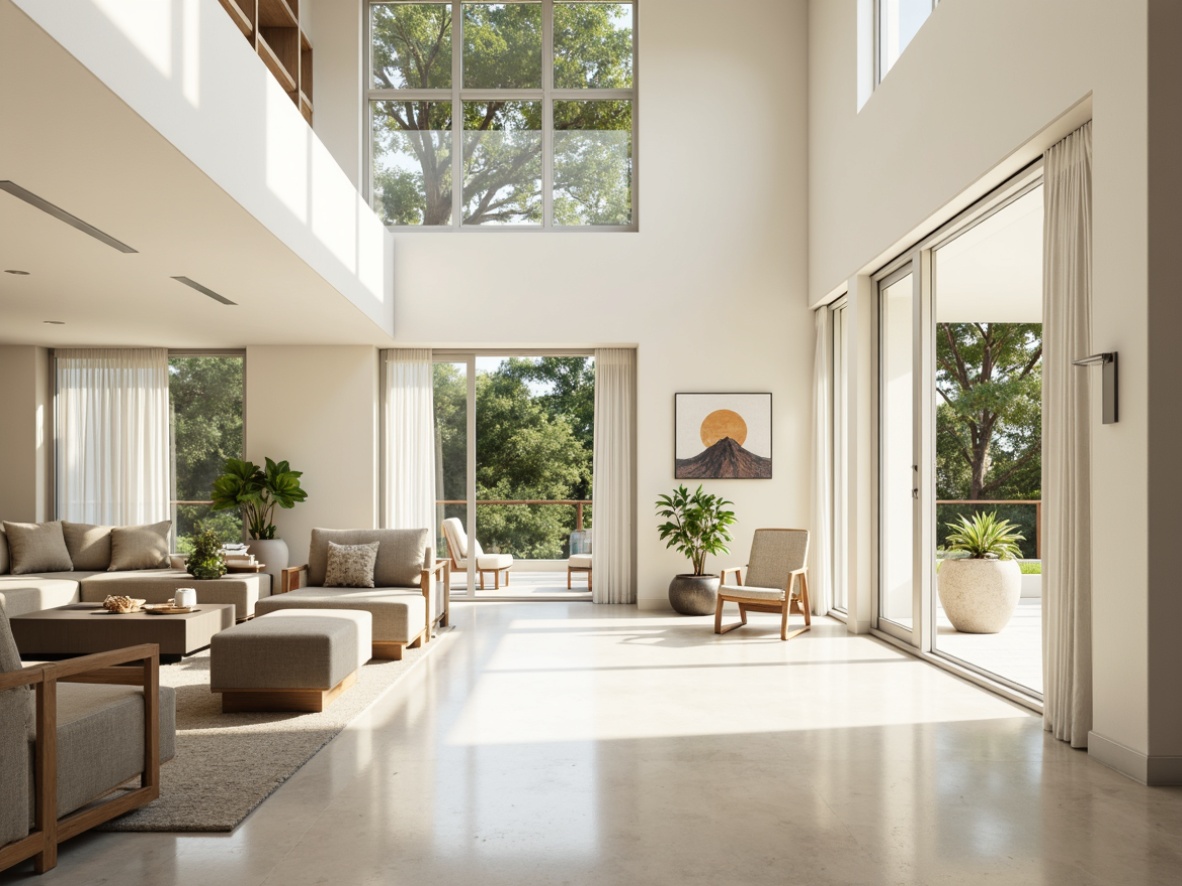 Prompt: Bright airy interior, large windows, sliding glass doors, minimal obstructions, reflective surfaces, light-colored walls, polished floors, sheer curtains, clerestory windows, skylights, open floor plans, minimalist decor, greenery accents, natural textiles, earthy tones, soft warm lighting, shallow depth of field, 1/1 composition, realistic renderings, ambient occlusion.