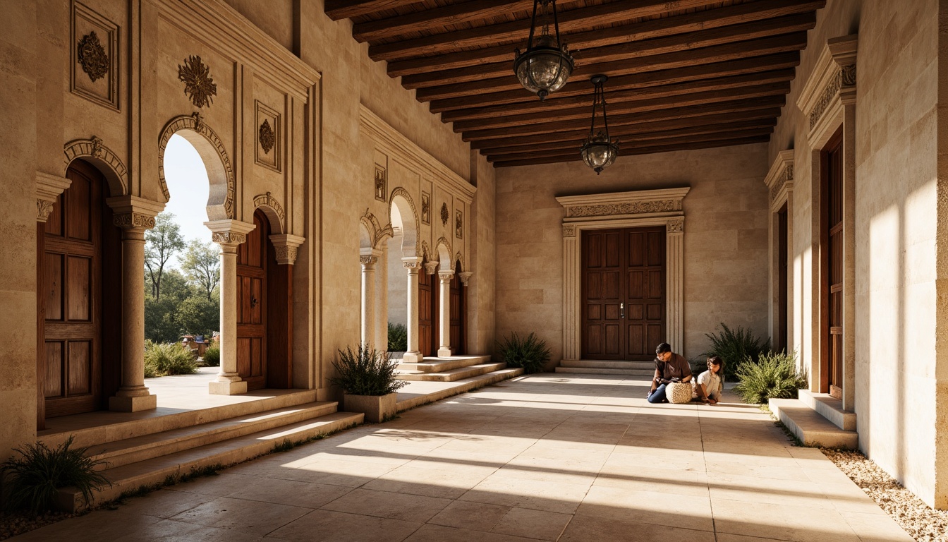 Prompt: Richly ornate traditional architecture, intricately carved stone walls, warm beige stucco finishes, distressed wooden accents, vintage metal fixtures, ornamental plasterwork, soft natural lighting, subtle shadows, 1/1 composition, close-up shot, realistic textures, ambient occlusion, nostalgic atmosphere.