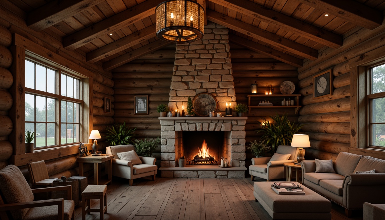 Prompt: Rustic wooden cabin, vintage lanterns, warm candlelight, distressed metal fixtures, earthy color palette, natural stone walls, reclaimed wood accents, cozy fireplace, crackling fire sounds, soft warm glow, shallow depth of field, 1/1 composition, realistic textures, ambient occlusion, dimmable lighting controls, adjustable beam angles, warm white light tone, rustic metal chandeliers, pendant lamps, woven fabric shades.