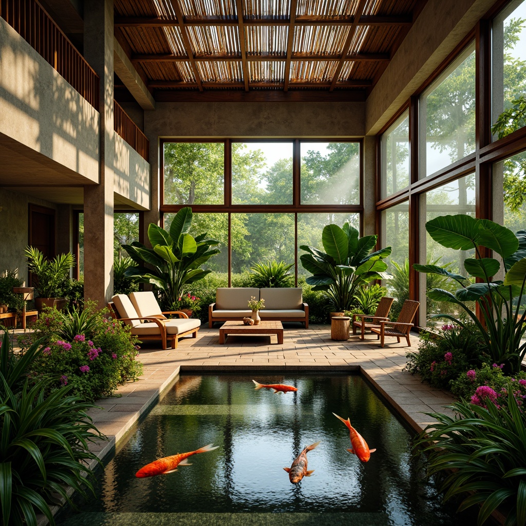 Prompt: Lush tropical interior, exotic plants, vibrant flowers, natural stone walls, wooden accents, rattan furniture, wicker decor, ambient warm lighting, misting systems, large windows, sliding glass doors, indoor water features, serene koi ponds, lush greenery, tropical fruit trees, colorful textiles, intricate patterns, 3/4 composition, shallow depth of field, realistic textures, soft focus blur.Please let me know if you need any adjustments!