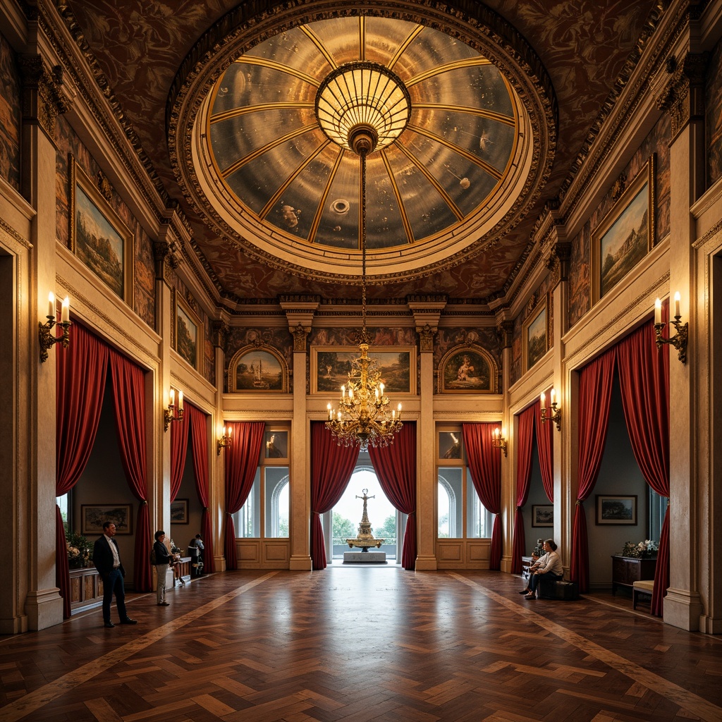 Prompt: Ornate planetarium dome, intricate stucco patterns, grandiose entrance archways, ornamental ironwork, lavish chandeliers, rich velvet drapes, polished wooden floors, majestic celestial murals, antique astronomical instruments, intricate fresco ceilings, Baroque-inspired architectural details, warm golden lighting, soft focus effects, shallow depth of field, 1/1 composition, symmetrical framing, realistic textures, ambient occlusion.