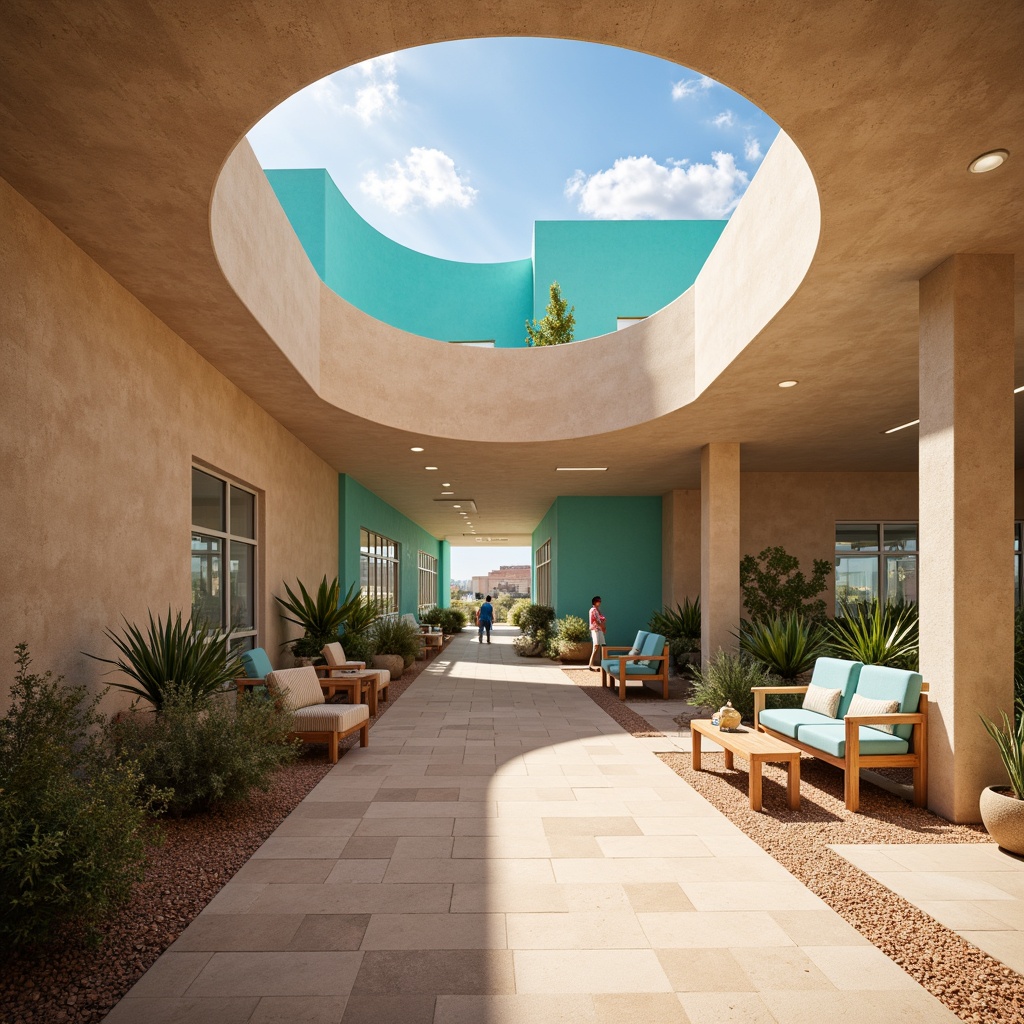 Prompt: Southwestern hospital, adobe-inspired architecture, earthy tones, natural stone walls, curved lines, vibrant turquoise accents, warm beige floors, spacious open-plan waiting areas, clerestory windows, skylights, abundant natural light, desert landscape views, xeriscaping, cacti plants, hot sunny day, clear blue sky, minimal ornamentation, clean lines, rustic wooden furniture, woven textiles, geometric patterns, ambient occlusion, shallow depth of field, 3/4 composition, panoramic view, realistic textures.