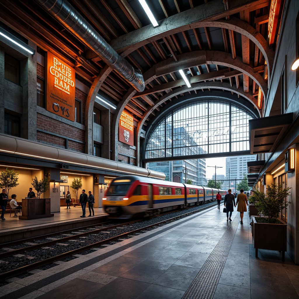 Prompt: Vibrant train station, postmodernist architecture, bold geometric patterns, bright neon lights, metallic accents, exposed ductwork, industrial-chic atmosphere, eclectic mix of materials, reclaimed wood textures, distressed steel beams, concrete pillars, urban cityscape, bustling streets, morning rush hour, soft warm lighting, shallow depth of field, 1/2 composition, cinematic view, realistic reflections, ambient occlusion.Please let me know if this meets your expectations!