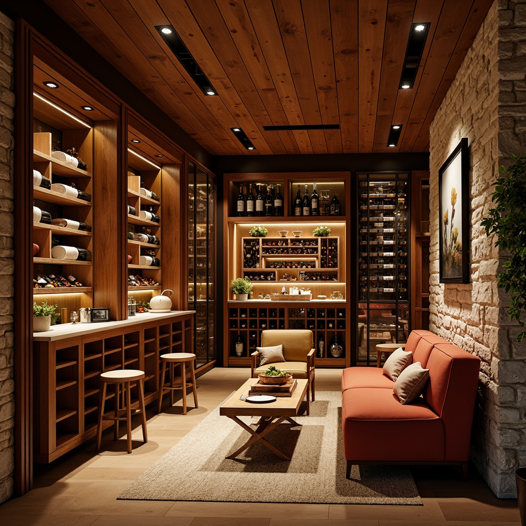 Prompt: Luxurious wine cellar, rich wood tones, dimmable LED lighting, warm golden ambiance, recessed ceiling lights, elegant stone walls, rustic metal racks, glass-enclosed wine displays, ambient shadows, soft focused lighting, dramatic floor-to-ceiling shelves, intimate seating areas, lavish textiles, warm earthy colors, atmospheric misting system, 1/1 composition, shallow depth of field, realistic reflections.