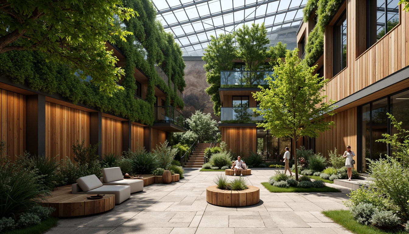 Prompt: Vibrant atrium, lush green walls, natural stone flooring, wooden accents, minimalist decor, floor-to-ceiling windows, transparent glass roofs, soft warm lighting, indirect sunlight, cozy reading nooks, comfortable seating areas, calm ambiance, organic textures, earthy color palette, serene atmosphere, 1/1 composition, shallow depth of field, realistic rendering.