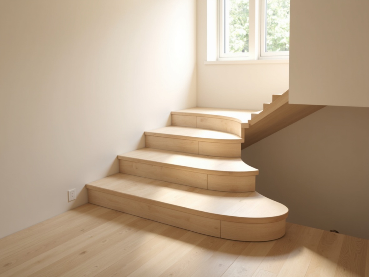 Prompt: Light-filled staircase, minimalist design, Scandinavian aesthetic, pale wood tones, oak or ash flooring, smooth matte finish, subtle grain texture, gentle curve, soft warm lighting, 3/4 composition, shallow depth of field, realistic textures, ambient occlusion.