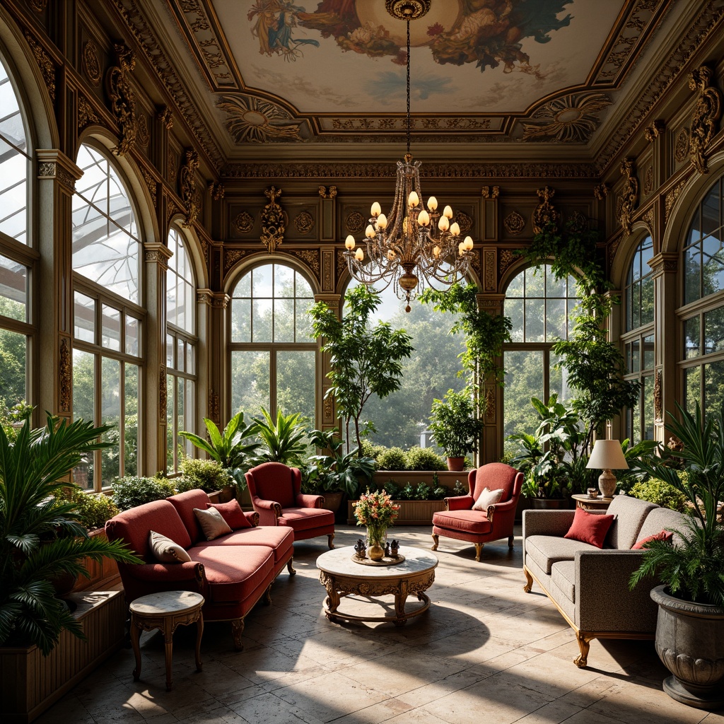 Prompt: Luxurious greenhouse interior, ornate baroque furniture, velvet upholstery, intricately carved wooden frames, gilded accents, crystal chandeliers, lush greenery, exotic plants, natural stone flooring, decorative fountains, soft warm lighting, shallow depth of field, 3/4 composition, panoramic view, realistic textures, ambient occlusion, elegant armchairs, marble-topped coffee tables, plush sofas, ornate mirrors, antique vases, frescoed ceilings, grandiose architecture.