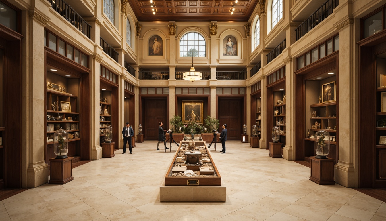 Prompt: Historic museum interior, grand high ceilings, ornate moldings, rich wood paneling, creamy marble floors, subtle warm lighting, elegant display cases, vintage artifacts, muted earthy tones, soft beige walls, dark wood accents, sophisticated neutral colors, ambient softbox lighting, shallow depth of field, 2/3 composition, realistic textures, subtle shadows.