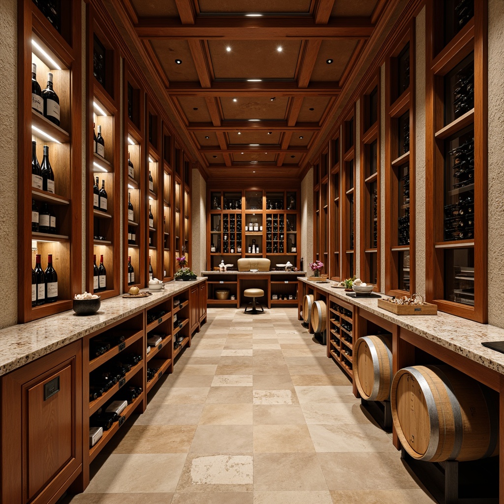 Prompt: Elegant wine cellar, rich wooden paneling, climate-controlled storage, bespoke wine racks, glass-enclosed cabinets, dimmable LED lighting, travertine flooring, sophisticated humidity control systems, temperature-regulated environments, premium wine preservation, oak barrels, vintage wine collections, academic-inspired d\u00e9cor, refined stone walls, luxurious carpeted aisles, soft warm ambiance, shallow depth of field, 1/1 composition, realistic textures, ambient occlusion.