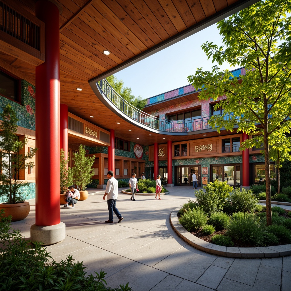 Prompt: Vibrant Asian-inspired middle school, natural wood accents, traditional Chinese lanterns, colorful ceramic tiles, geometric patterned walls, bold red columns, intricate wooden carvings, cultural symbolic motifs, abundant greenery, lush bamboo plants, serene water features, soft warm lighting, shallow depth of field, 1/1 composition, realistic textures, ambient occlusion.