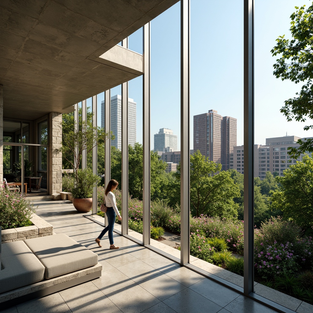 Prompt: Floor-to-ceiling windows, minimalist frames, transparent glass surfaces, unobstructed city views, lush greenery, blooming flowers, natural stone walls, modern architecture, sleek lines, cantilevered roofs, overhanging eaves, shaded outdoor spaces, warm sunny day, soft diffused lighting, 1/2 composition, realistic reflections, ambient occlusion.