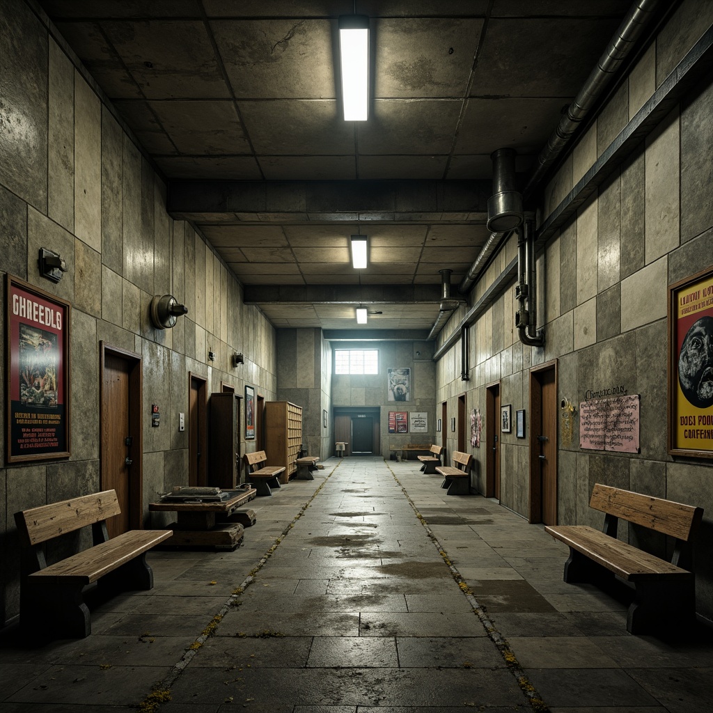 Prompt: Gritty high school building, brutalist architecture, raw concrete walls, exposed ductwork, industrial metal beams, rugged stone flooring, worn wooden benches, vintage educational posters, distressed paint peeling, faded lockers, dimly lit corridors, dramatic shadows, high-contrast lighting, cinematic composition, atmospheric mist, desaturated color tone, muted earthy palette, weathered steel accents, urban decay atmosphere, nostalgic 80s vibe, retro-futuristic undertones.