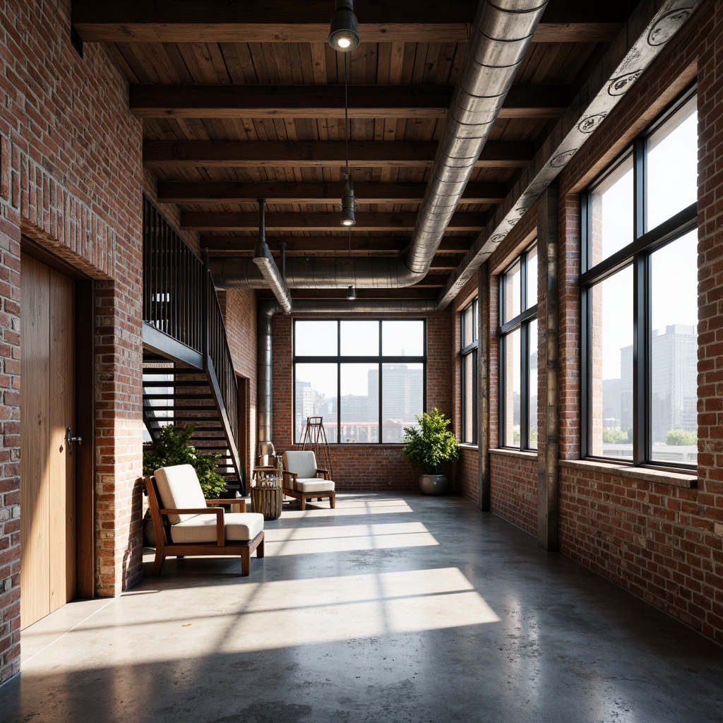 Prompt: Exposed brick walls, metal beams, reclaimed wood accents, industrial-style lighting fixtures, distressed concrete floors, urban cityscape views, gritty textured surfaces, mechanical pipes, functional staircases, minimalist decor, neutral color palette, raw unfinished aesthetic, natural light pouring in, shallow depth of field, 1/2 composition, realistic materials, ambient occlusion.