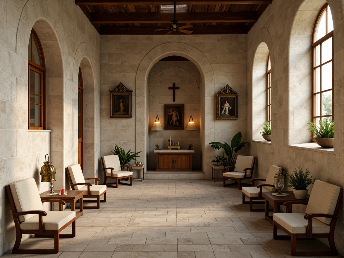 Prompt: Softly lit chapel interior, distressed wood accents, vintage religious artifacts, cream-colored stone walls, ornate gold details, rustic metal lanterns, faded floral patterns, ivory-white candlesticks, warm beige velvet upholstery, delicate lace trimmings, muted pastel hues, gentle morning light, shallow depth of field, 1/1 composition, intimate atmosphere, realistic textures, ambient occlusion.