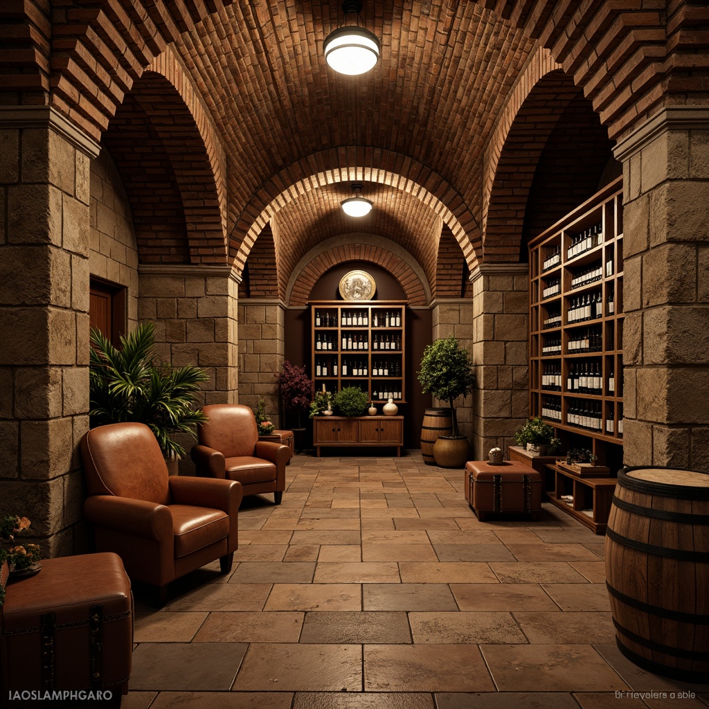 Prompt: Earthy wine cellar, rustic stone walls, reclaimed wood shelves, dimly lit ambiance, rich leather furnishings, vintage wine barrels, elegant wooden crates, subtle earthy aroma, soft warm lighting, natural stone flooring, brick archways, medieval-inspired architecture, ornate metalwork, sophisticated wine racks, ambient occlusion, shallow depth of field, 3/4 composition, panoramic view, realistic textures.